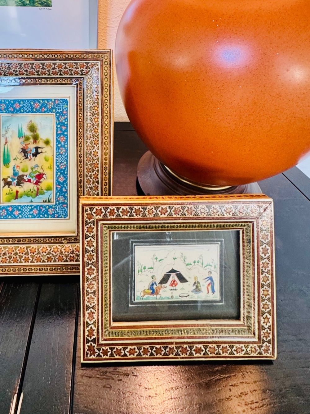 Persian Khatam Marquetry Frame Miniature Nomadic Camp Hand Painted Art